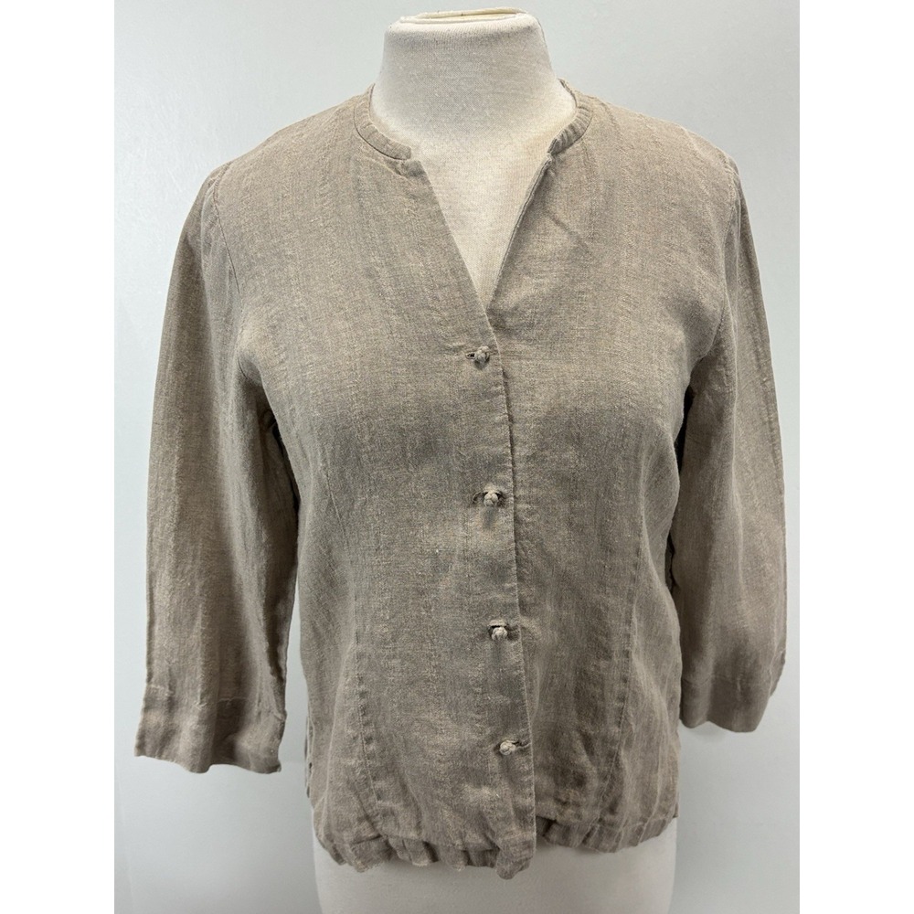 Eileen Fisher 100% Linen Jacket Sz Medium Petite Tan Lagenlook Knot Buttons